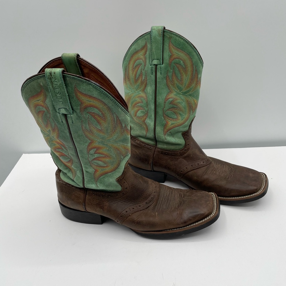 Men's Justin Comb Last brown, green leather embroidered cowboy boot